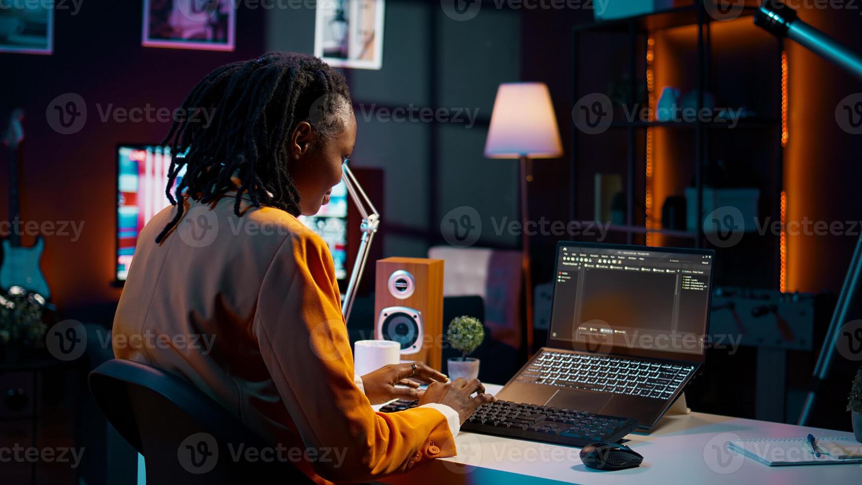 Database engineer student writing code for improving network or debugging server, using html script on terminal window. Girl learning programming language and infographics. Camera B. photo
