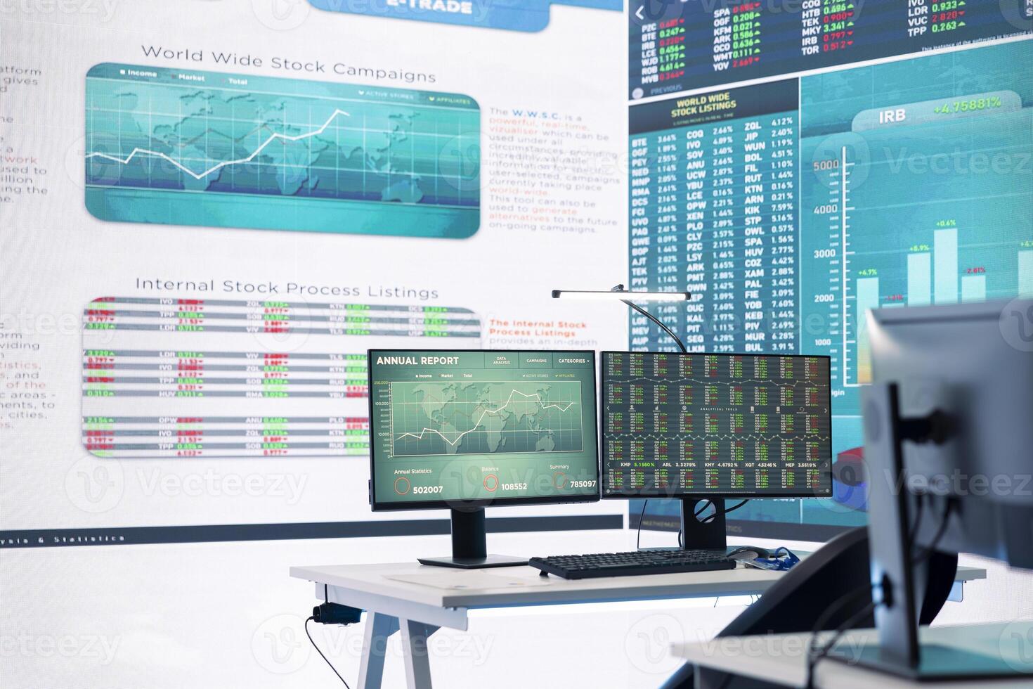 Professional enterprise workstation inside multinational company control room, monitoring budget numbers and organizational expansion progress. Empty management office space. photo
