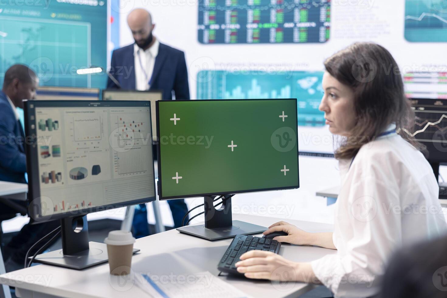 Woman general manager works with green screen and annual reports on computer, ensuring progress and overall business success. Skilled consultant reviews the current budget situation. photo