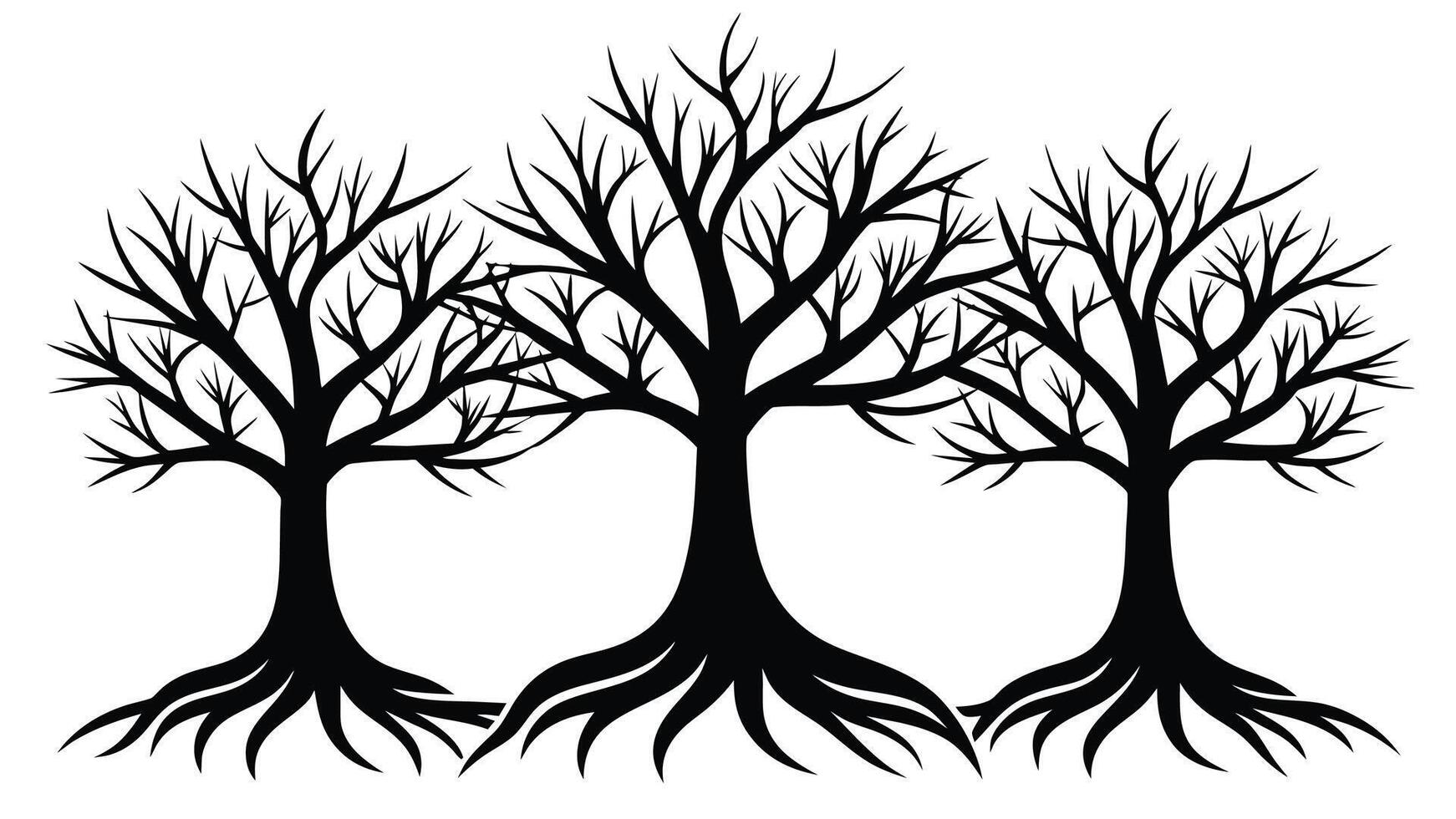 Striking Black Trees with Roots Isolated on White Background vector