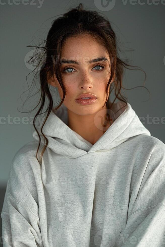 Adorable girl wearing white long sleeve hoddie photo