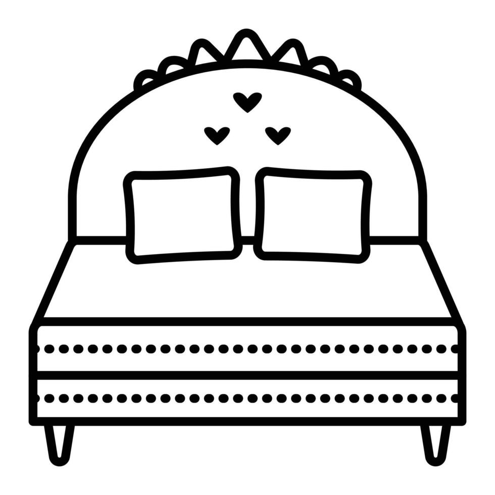 Double bed with headboard and two pillows, single black line illustration, outline monochrome sign, editable stroke, pixel perfect vector