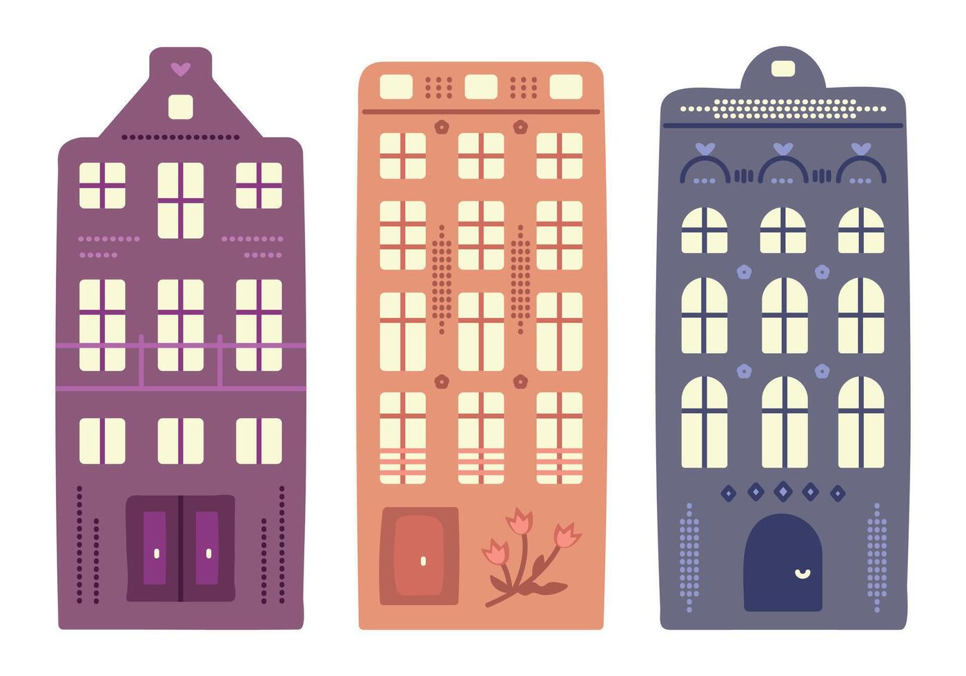 Dutch architecture, three canal houses in Amsterdam style. Set of cute colorful Netherland buildings, preppy doodle, illustration, author's interpretation, experimental art vector