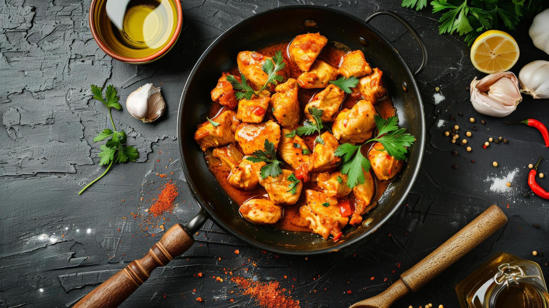 Chicken Fillet in Curry Sauce with Ingredients in Pan photo