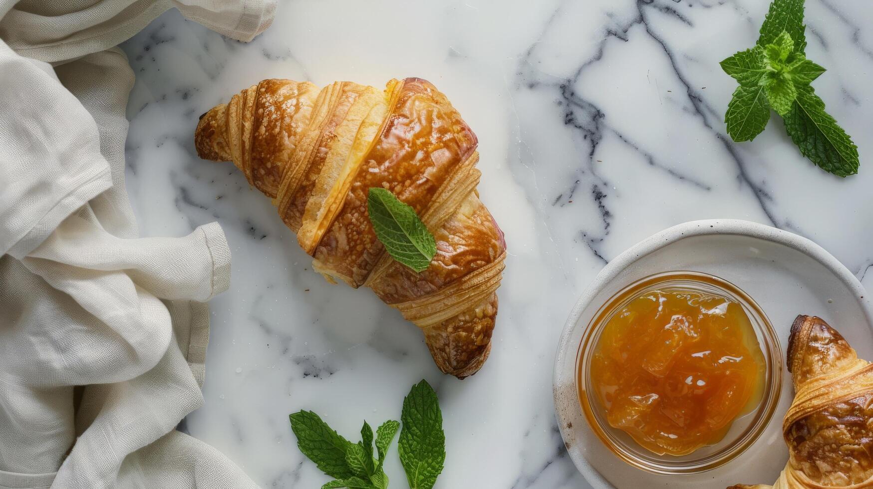 Elegant Croissant with Apricot Jam. Flat Lay on Marble Surface photo