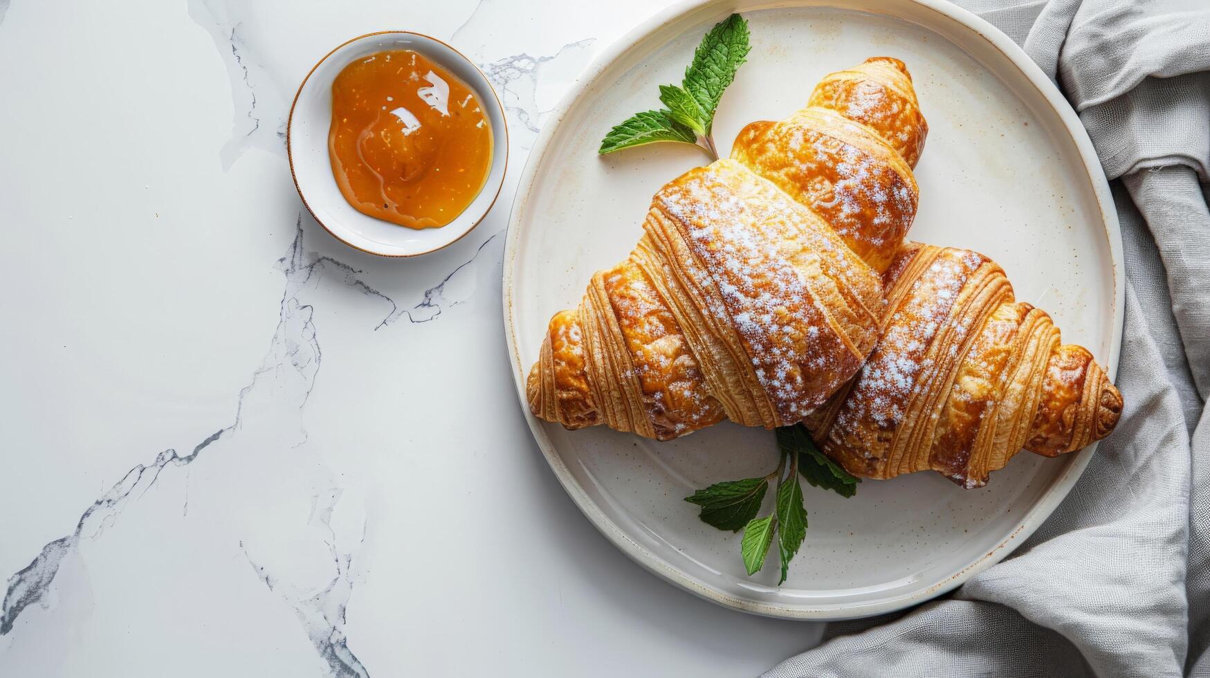 Elegant Croissant with Apricot Jam. Flat Lay on Marble Surface photo