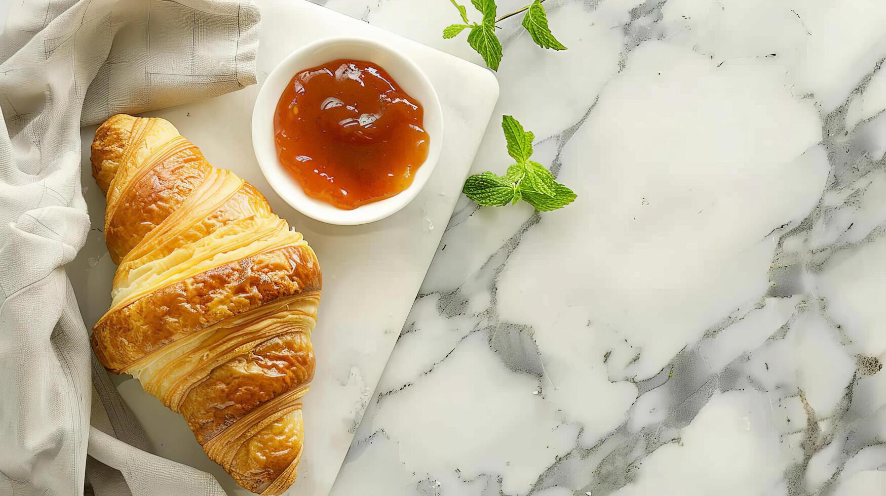 Elegant Croissant with Apricot Jam. Flat Lay on Marble Surface photo
