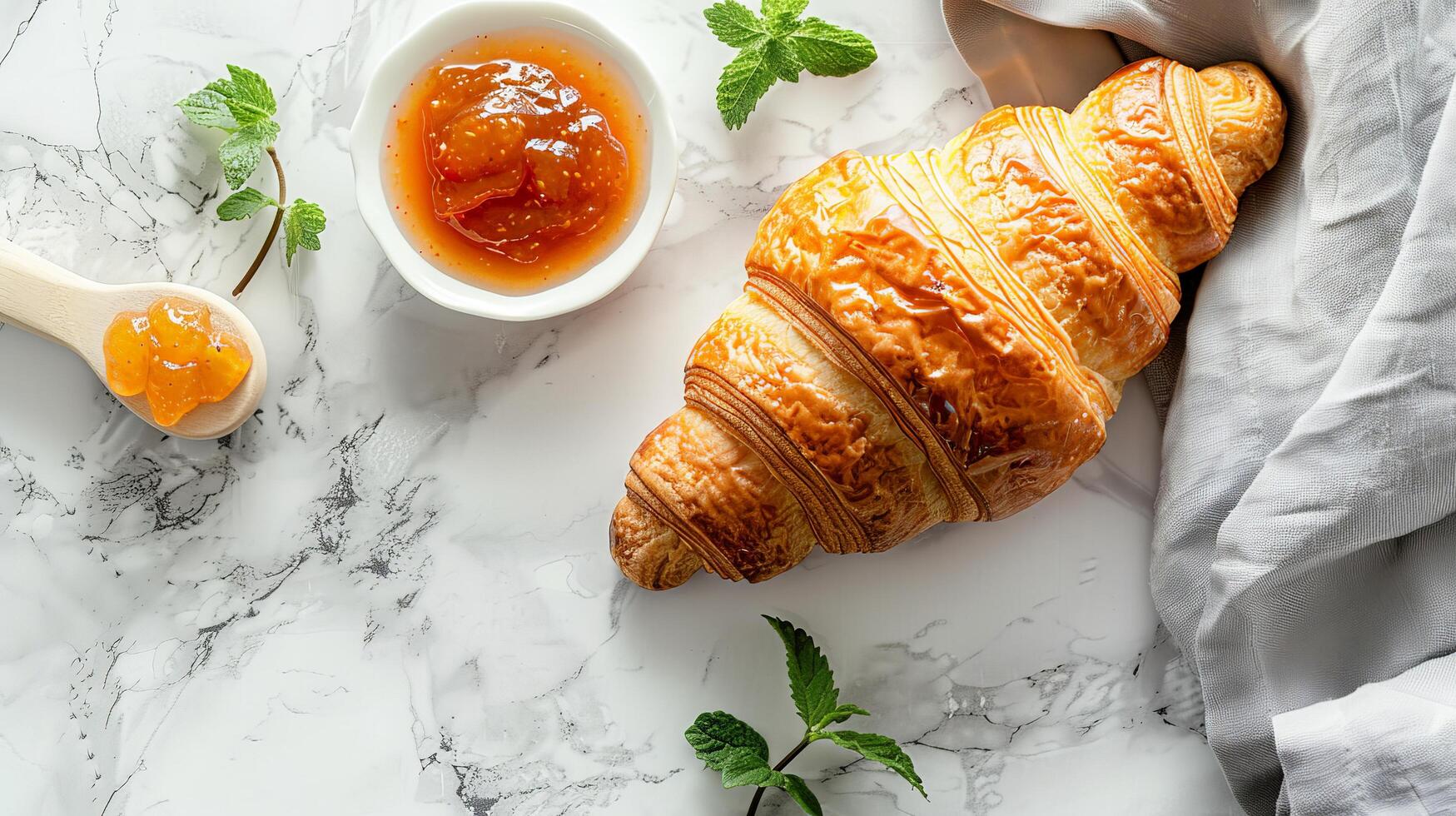 Elegant Croissant with Apricot Jam. Flat Lay on Marble Surface photo