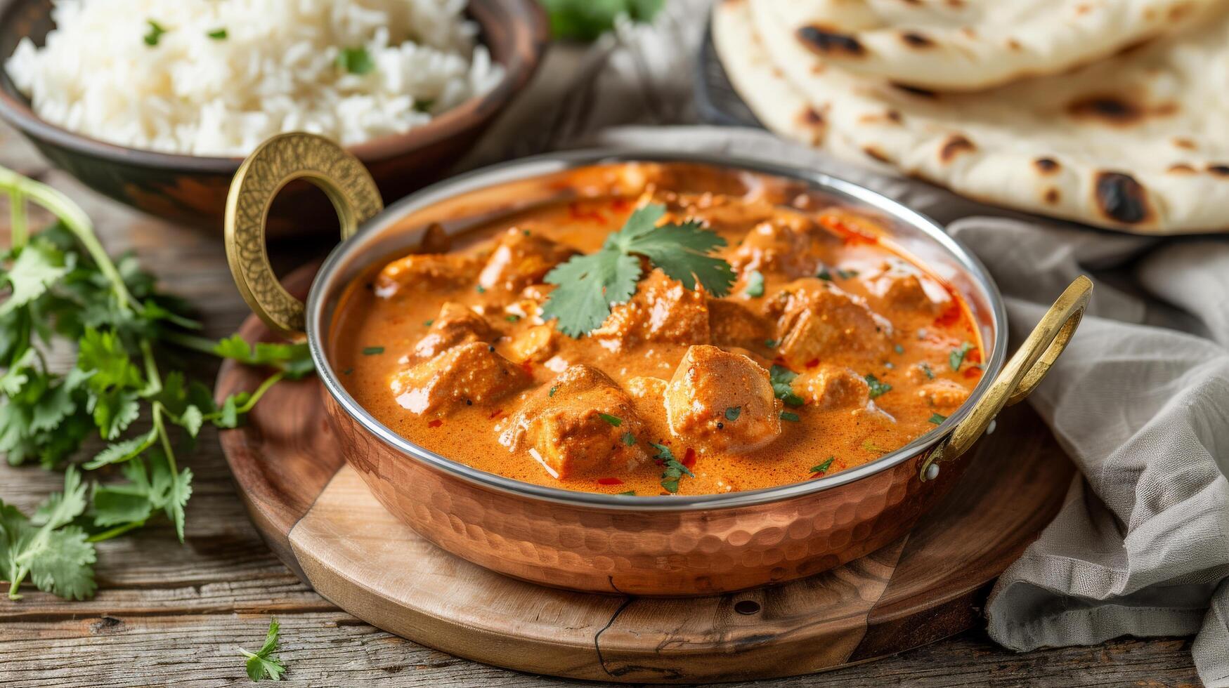 Rich Chicken Tikka Masala in Copper Pan with Rice and Naan photo