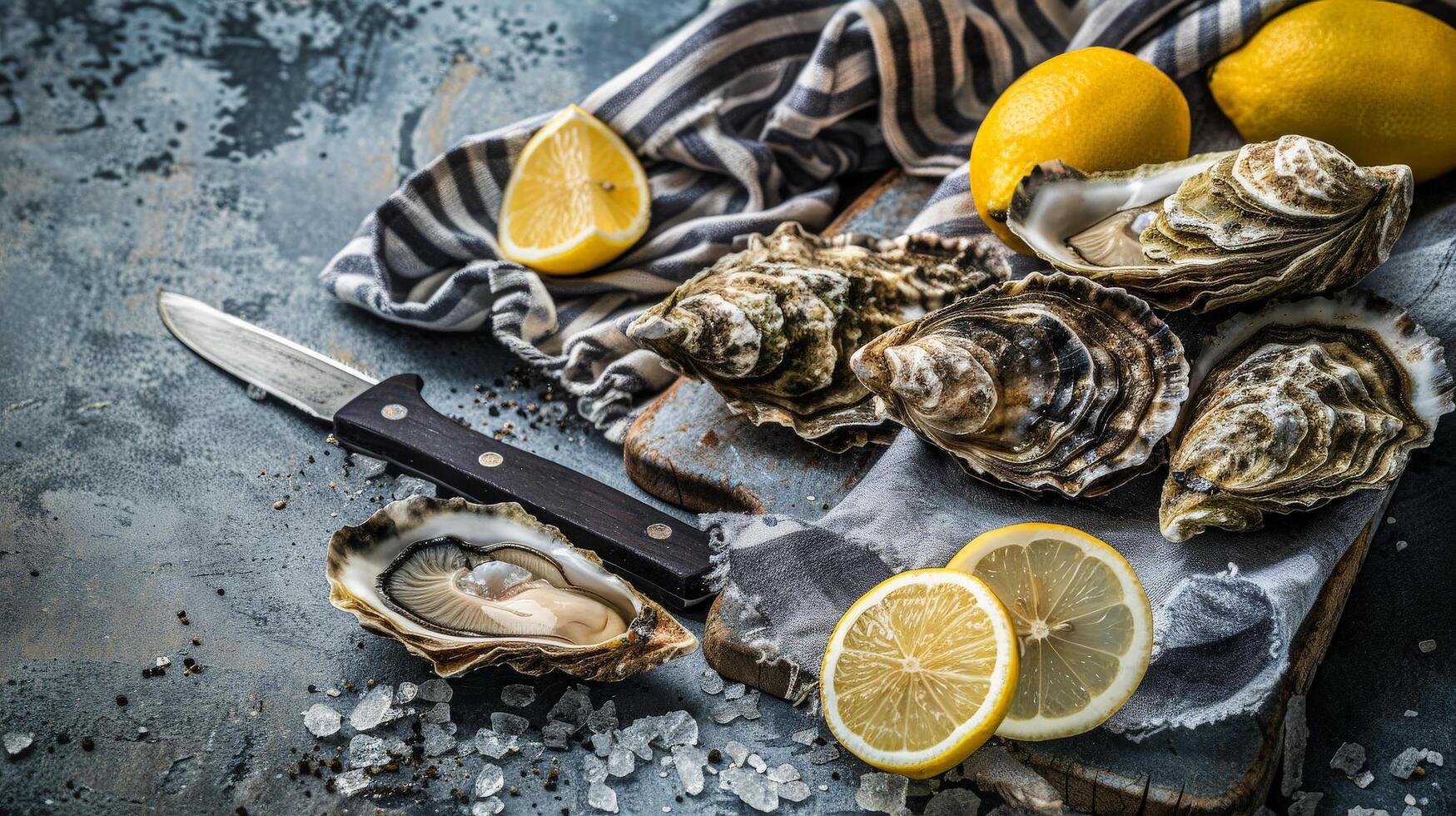 Side-View of Open Oysters with Lemon and Knife on Concrete Background photo