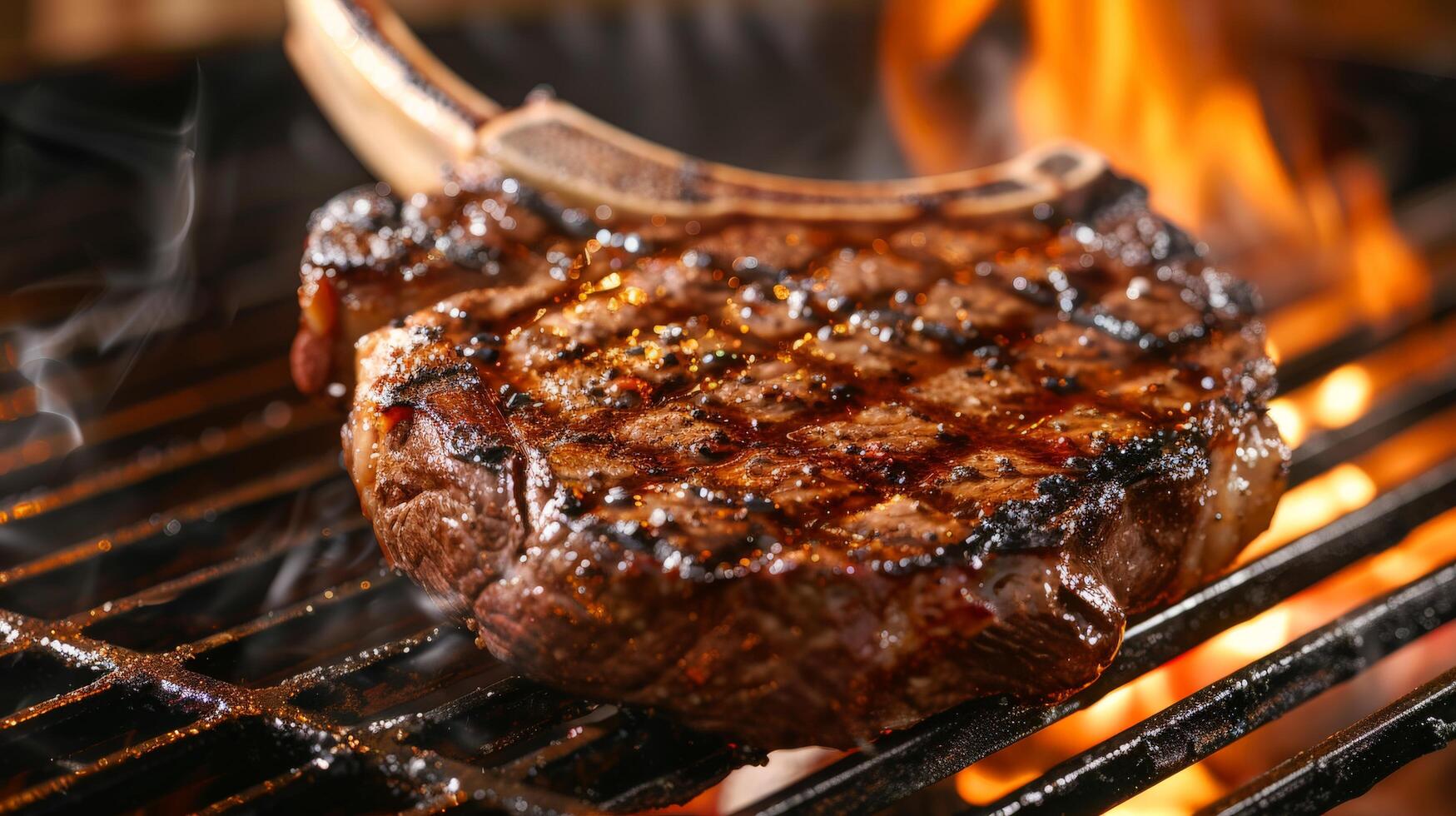 Close-Up Shot of Sizzling Angus Beef Tomahawk Steak on BBQ Grill photo