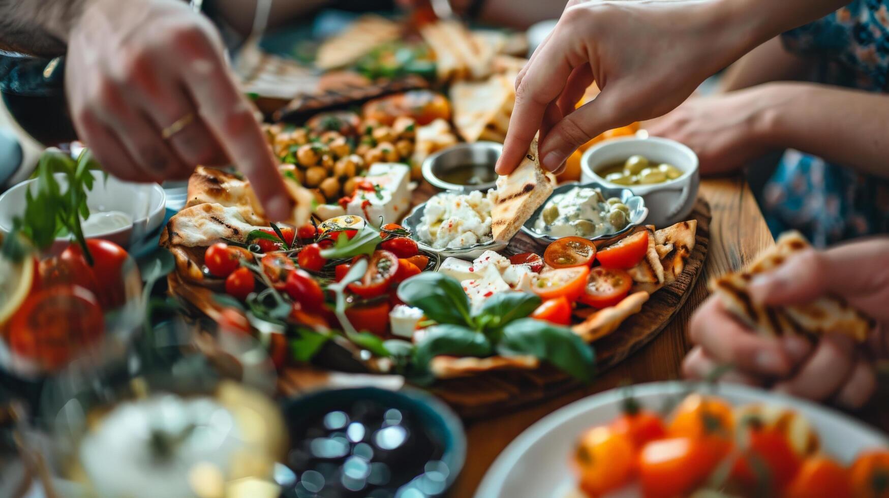 Close-Up of Mediterranean Mezze Platter with Hands Selecting Hummus, Tzatziki, Feta Cheese, and Pita Bread photo