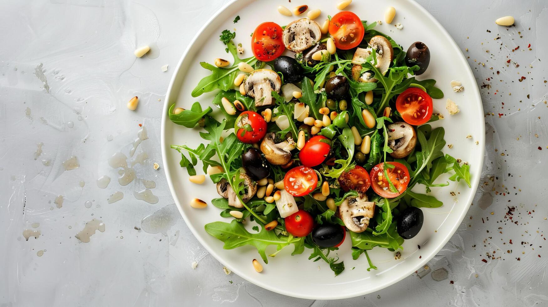 Circular Salad Composition with Arugula, Cherry Tomatoes, and Pine Nuts on White Plate photo