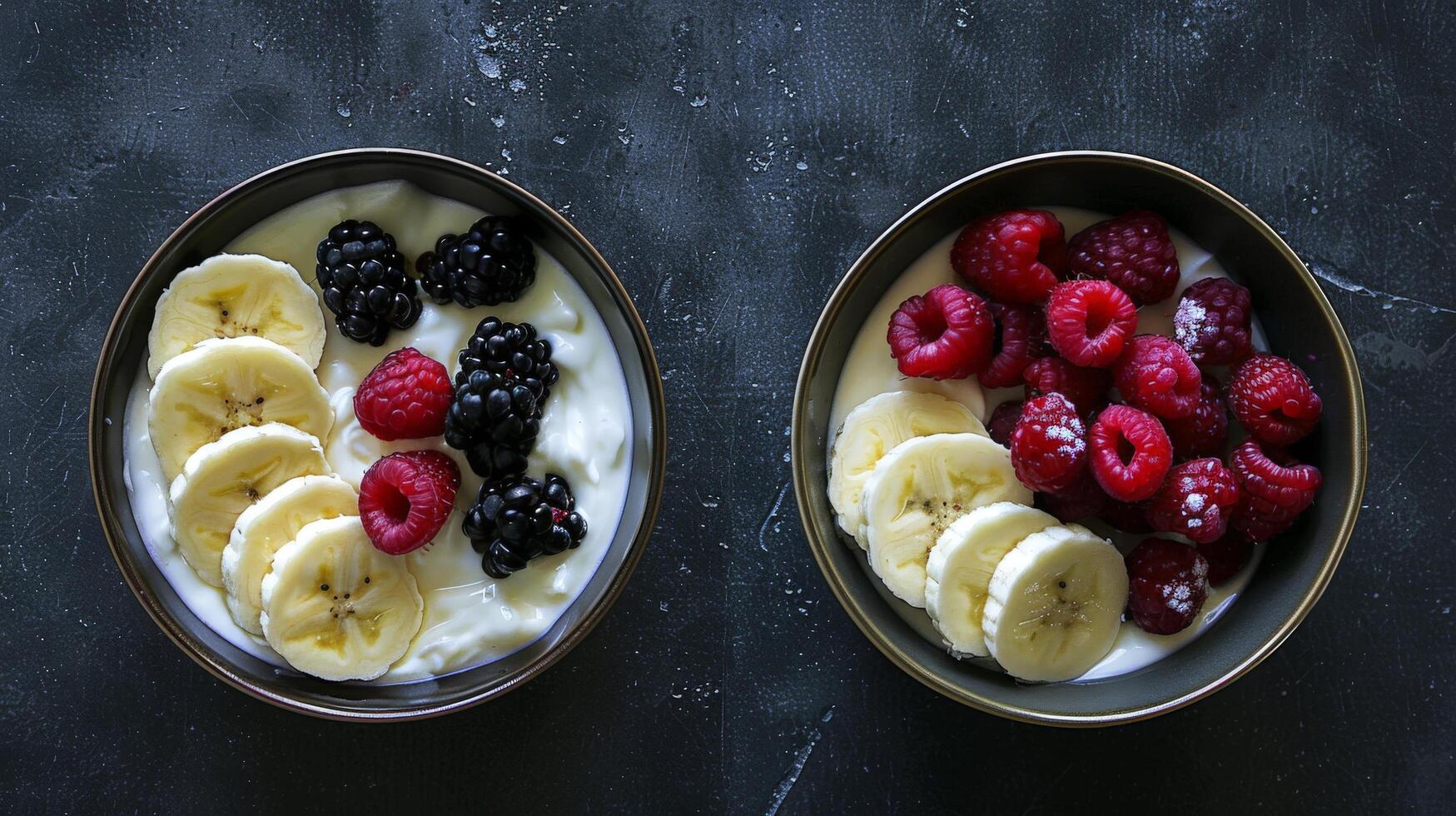 Fresh Yogurt Bowls with Sliced Bananas, Raspberries, and Blackberries photo