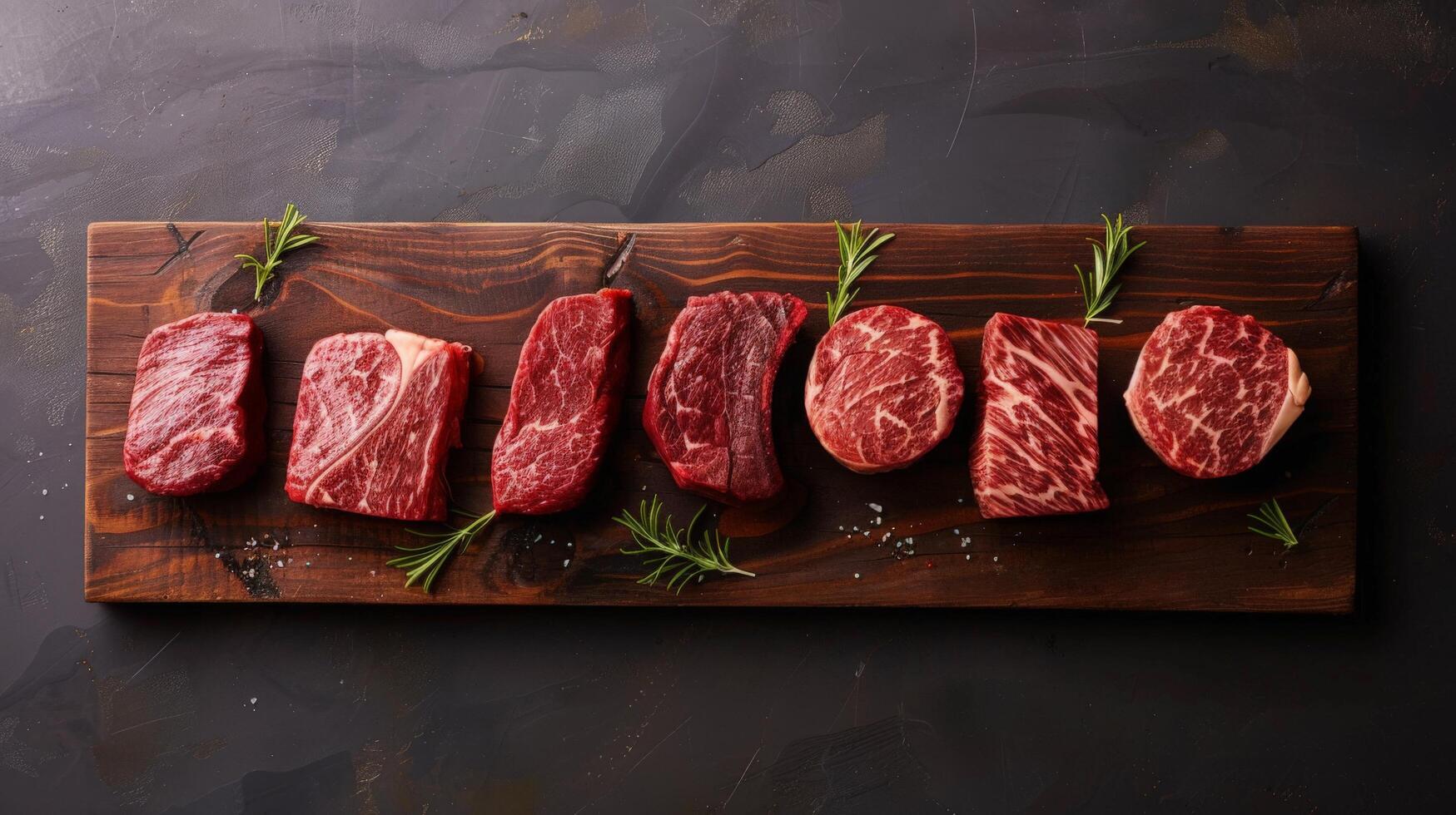 Artistic Arrangement of Steaks on Wooden Board photo