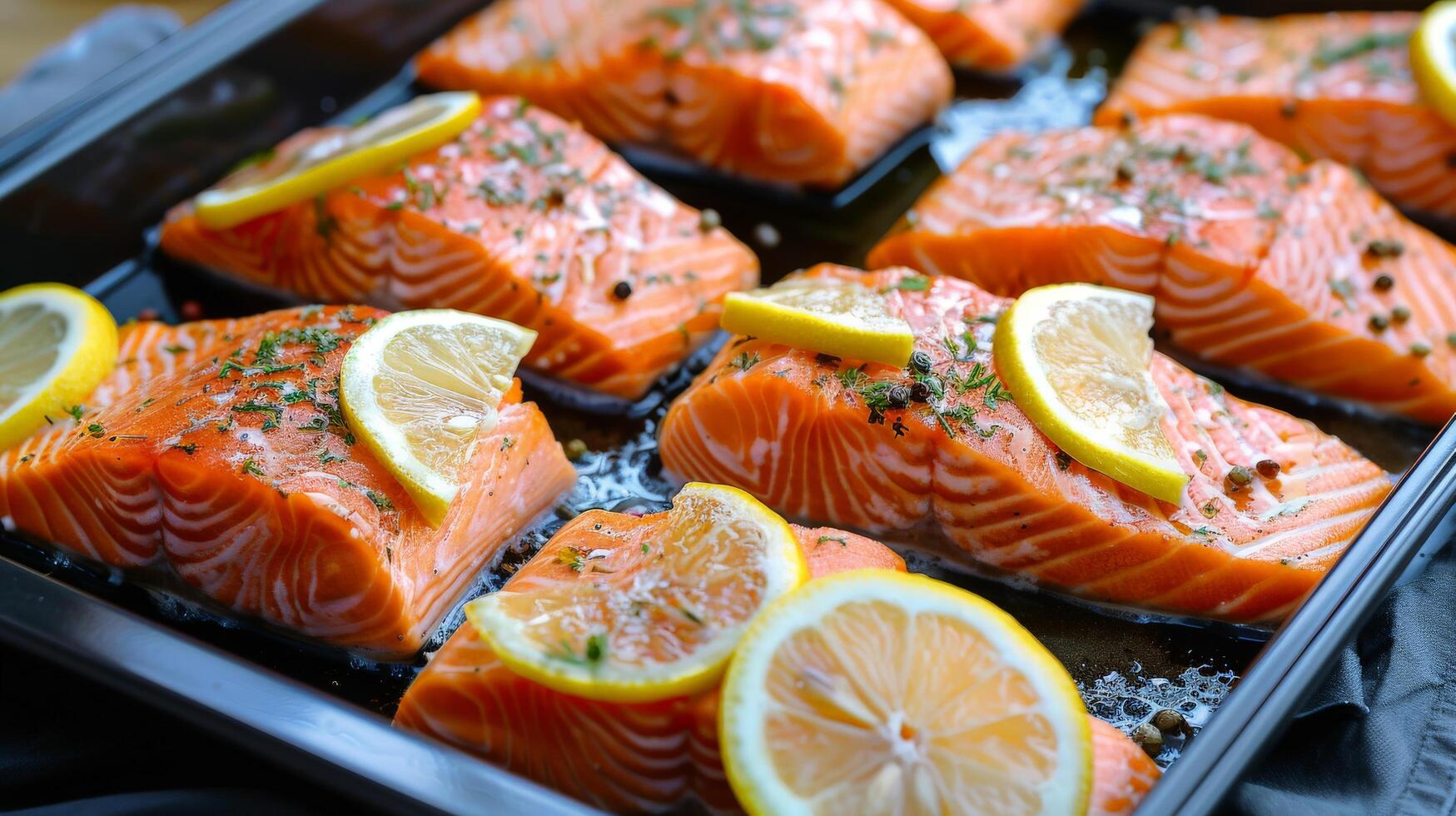 Fresh Salmon Fillets with Lemon Slices Ready for Baking photo