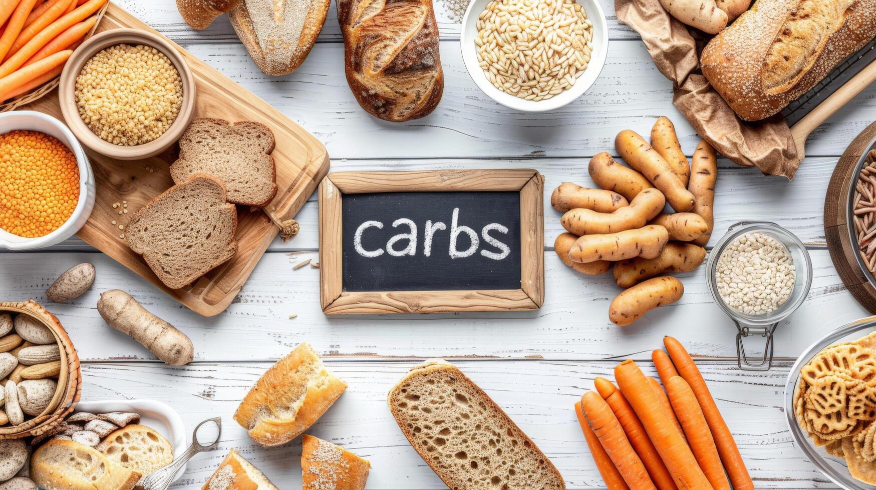 Nutritious Carbohydrates Assortment on White Wooden Table photo