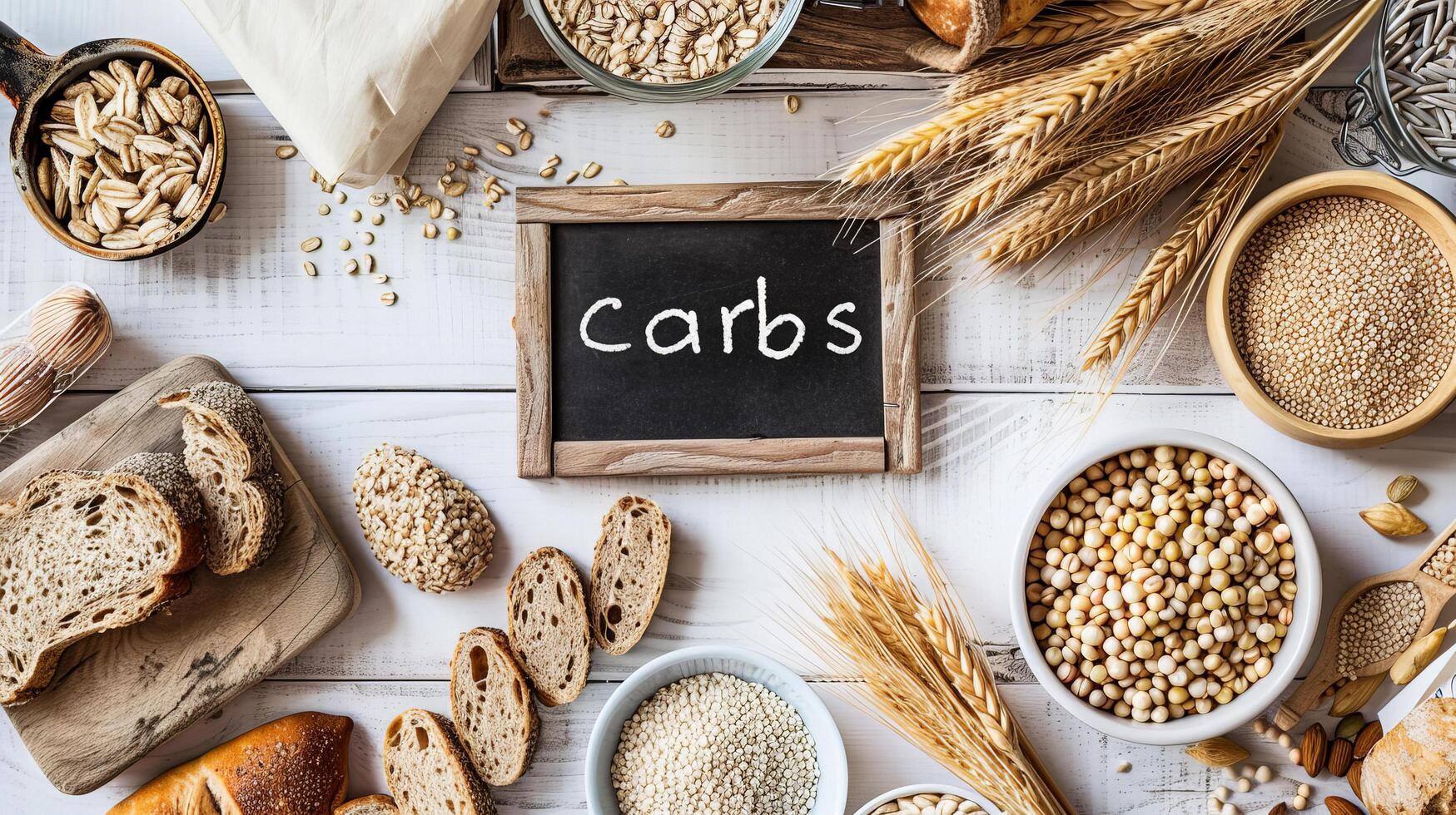 Flat Lay of Carbohydrate Sources on White Wooden Backdrop photo