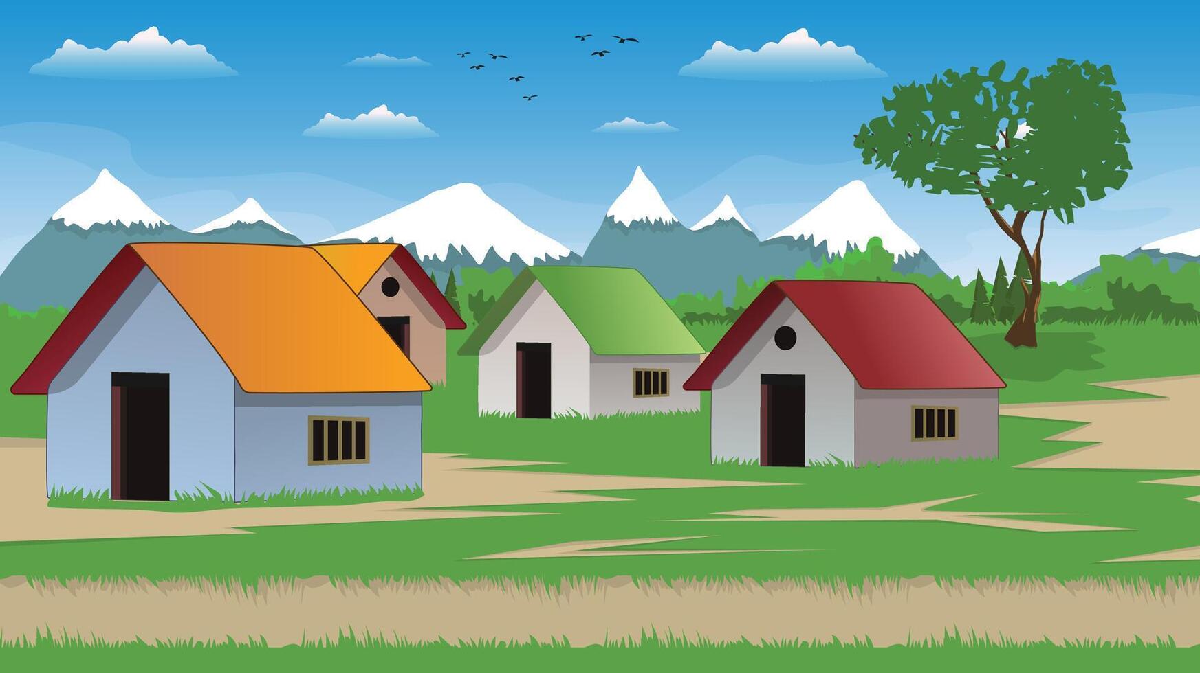 Poor farmer village cartoon background of green meadows and surrounded by trees, ocean and mountains vector