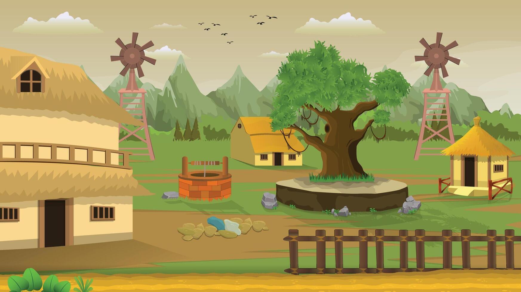 Village cartoon background evening illustration of green meadows and surrounded by trees, windmill fans and mountains vector