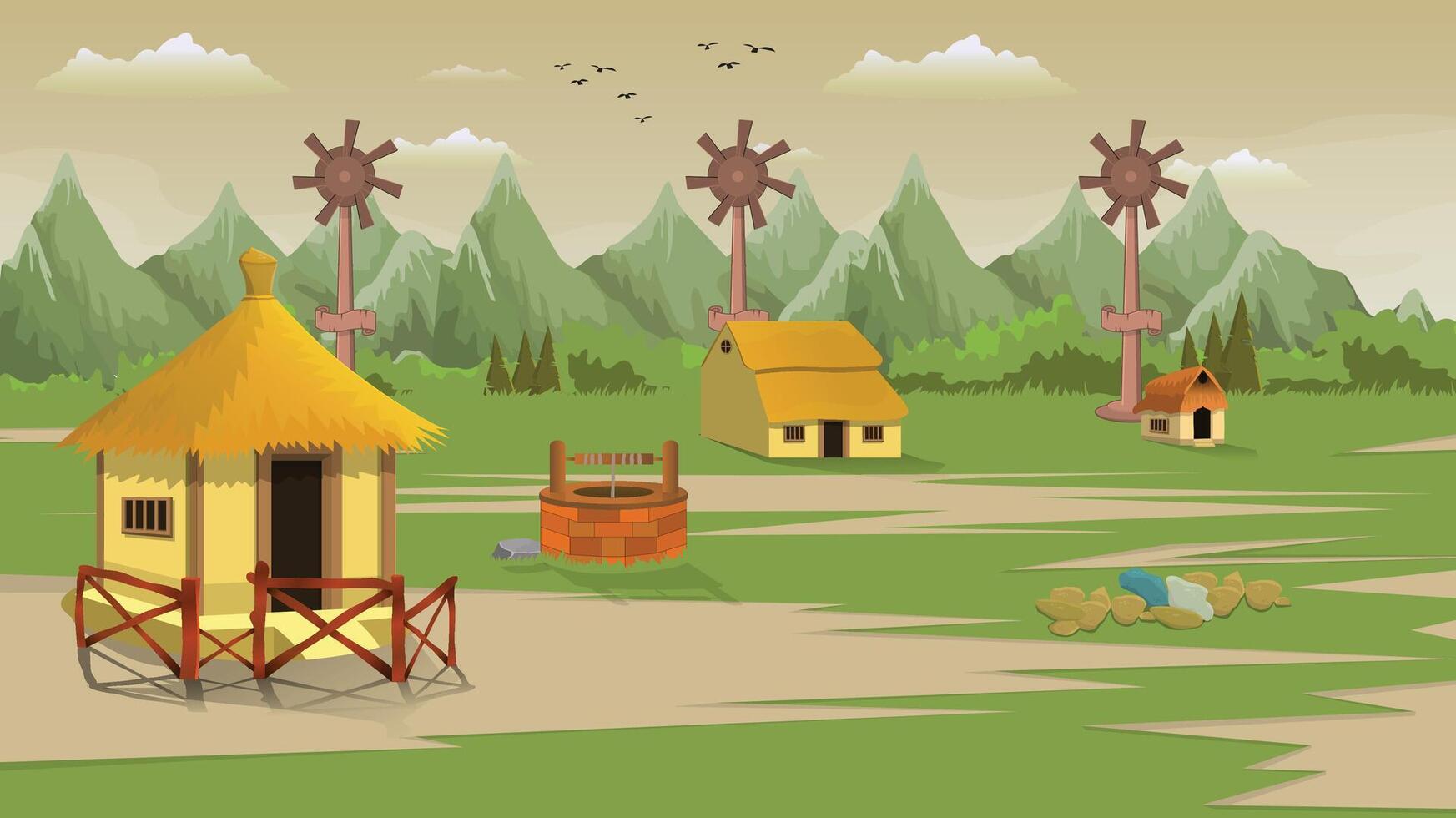 Village cartoon background evening illustration of green meadows and surrounded by trees, windmill fans and mountains vector