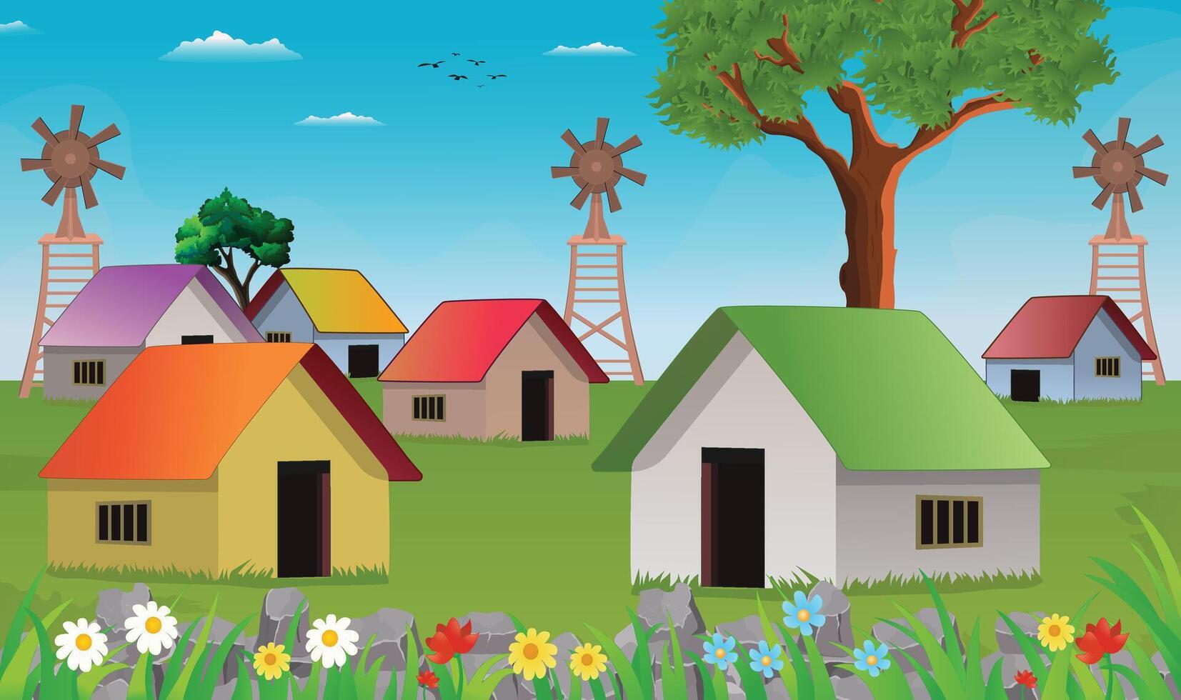 Village cartoon background illustration of green meadows and surrounded by trees, windmill fans and mountains vector