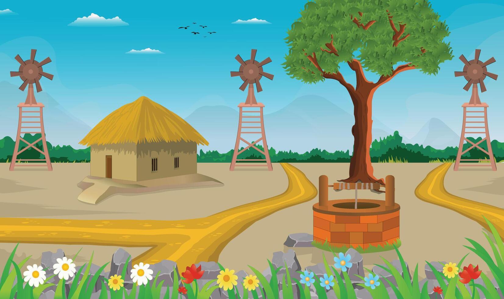 Village cartoon background illustration of green meadows and surrounded by trees, windmill fans and mountains vector