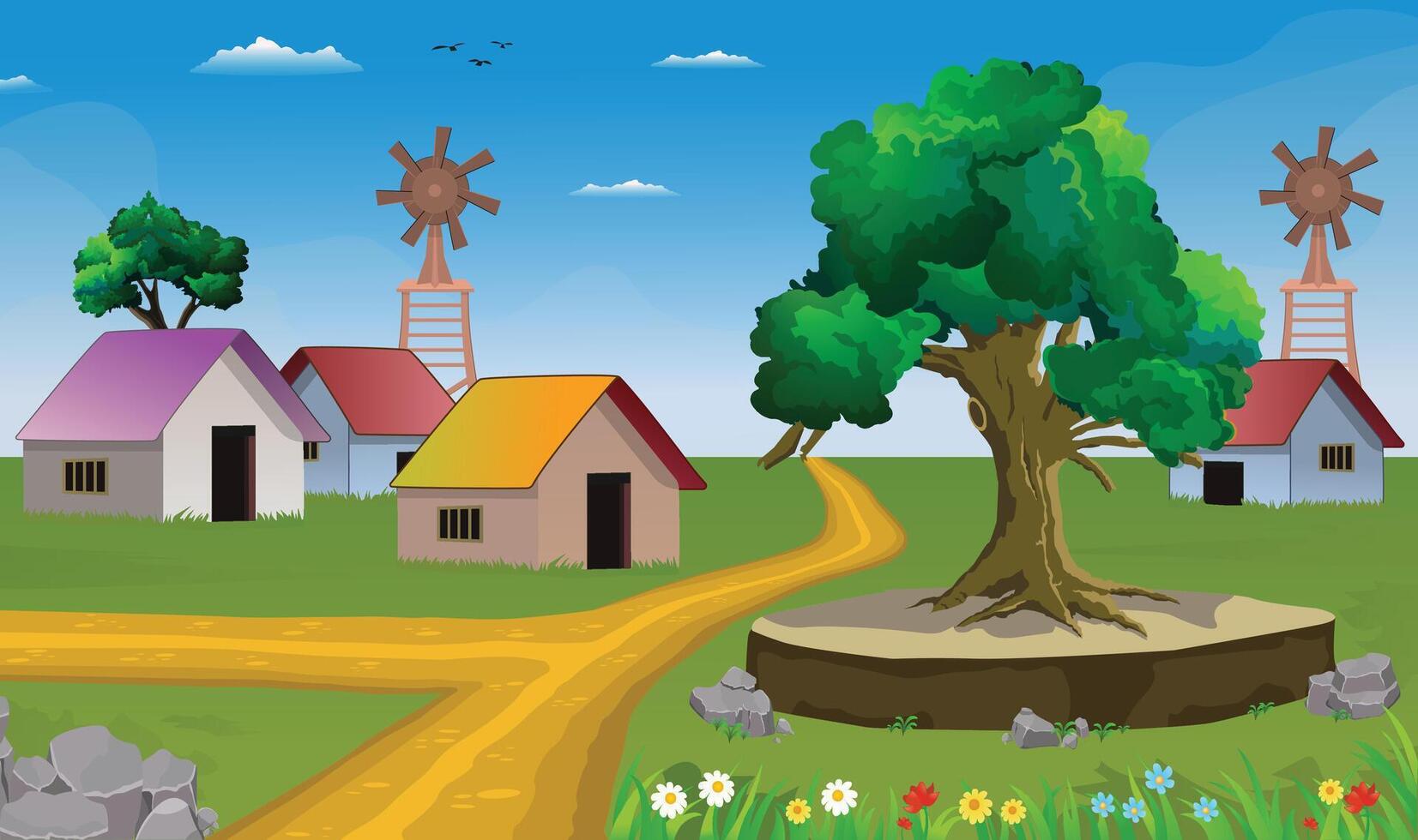 Village cartoon background illustration of green meadows and surrounded by trees, windmill fans and mountains vector