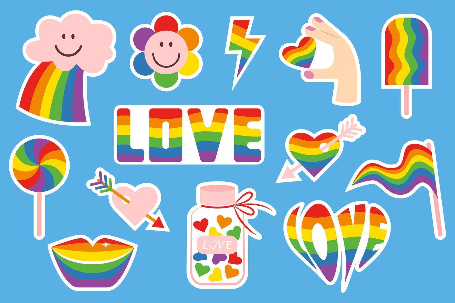 Set of LGBT stickers on blue background with rainbow symbols, gender marks. Symbols of LGBTQ community. Flat retro style illustration. Conceptual symbols of sexual orientation. vector