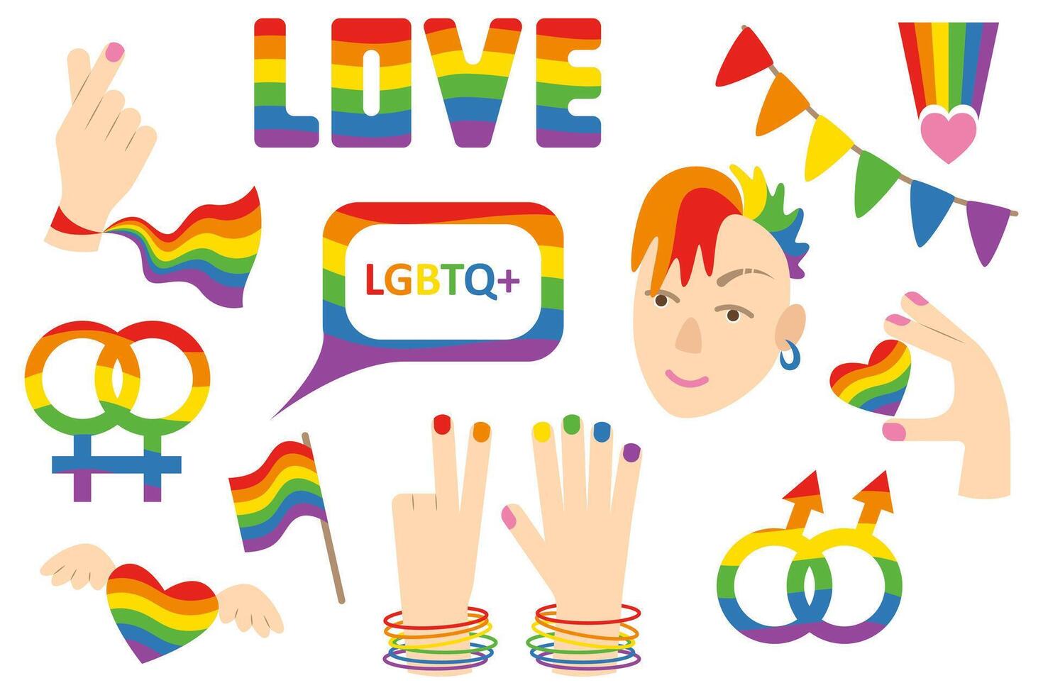 Set of LGBTQ elements in rainbow color on white background. Conceptual symbols of sexual orientation in flat style. vector
