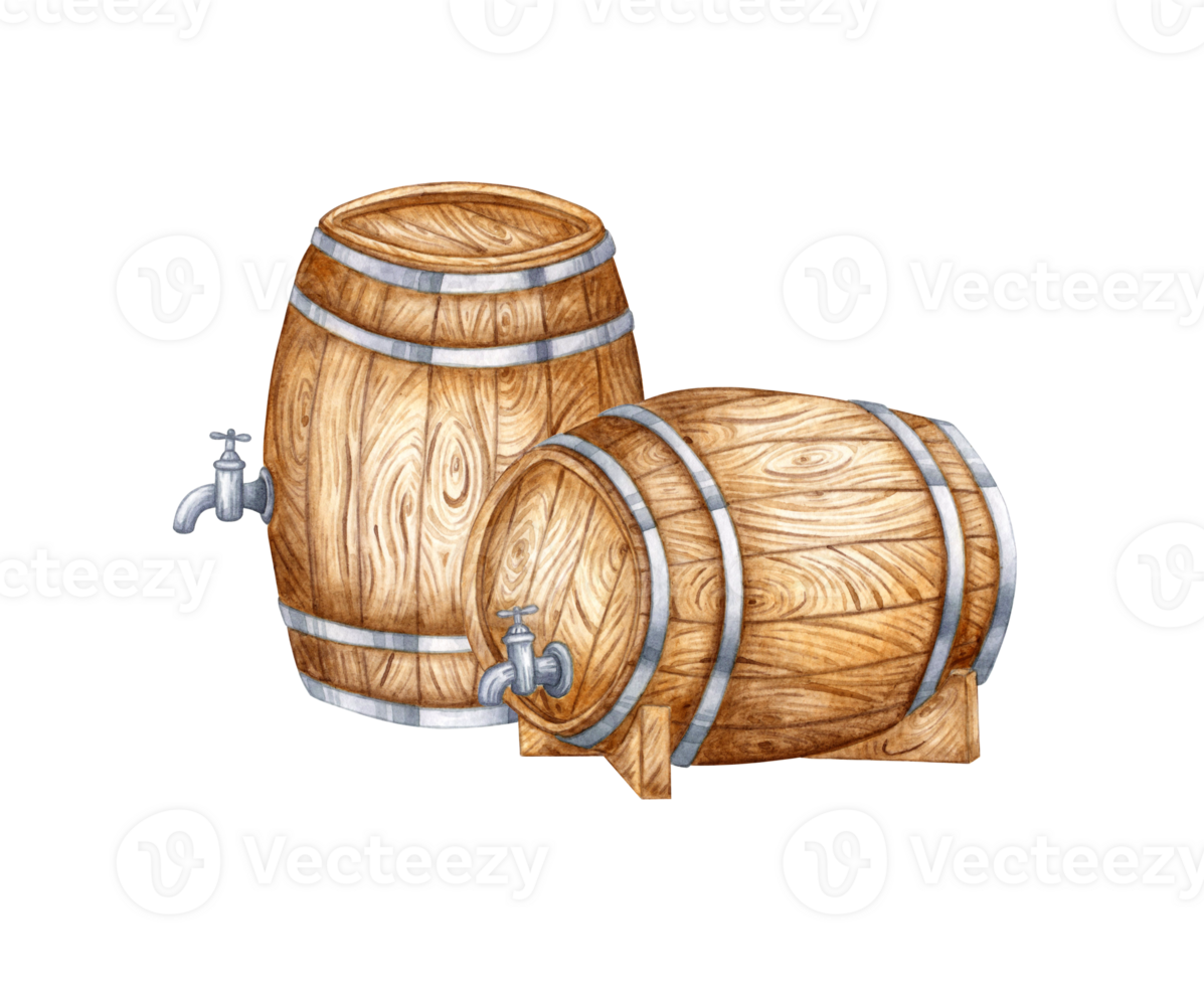 Two wooden barrels with a tap for beer, wine, cognac, rum, brandy and other alcoholic drinks watercolor illustration. Isolated from the background. Suitable interior design, menus, product packaging. png