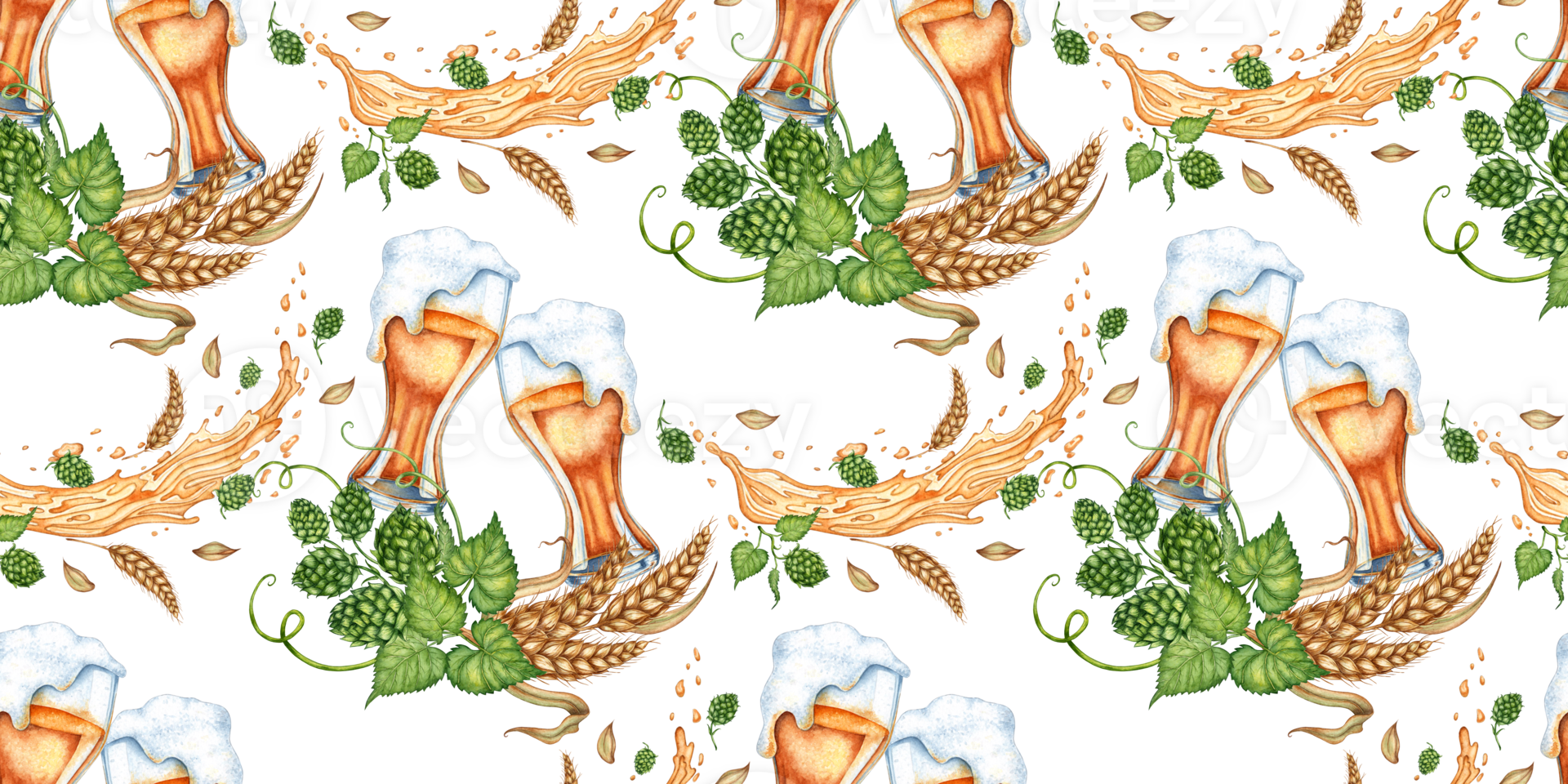 Two glasses of beer with splashes, hops and ears wheat pattern watercolor illustration. Harvest festival, Oktoberfest beer festival. Compositions for posters, cards, banners, flyers, covers, posters. png