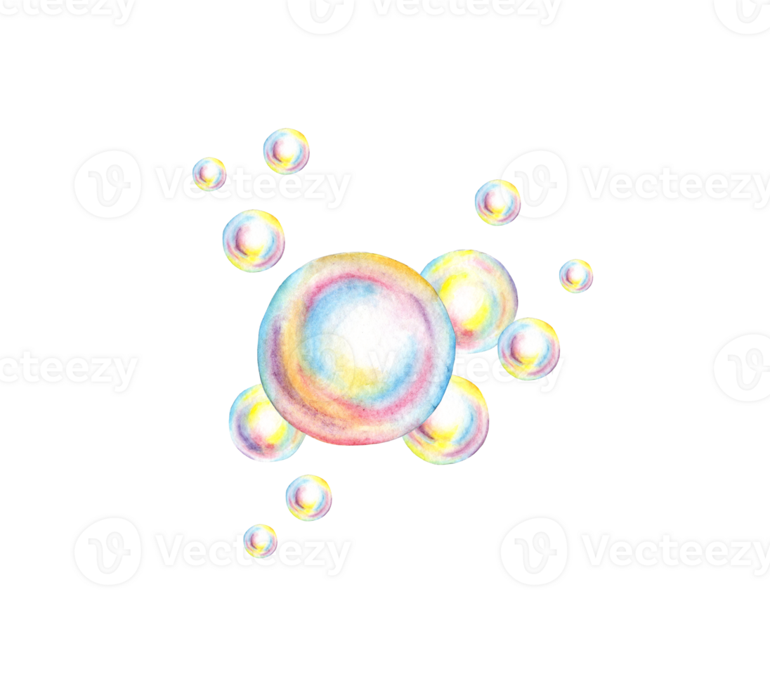 Soap bubbles of different sizes watercolor illustration. Soap suds, summer games, bath time, carnival, bubble party. Ideal for art projects, children's books, greeting cards png