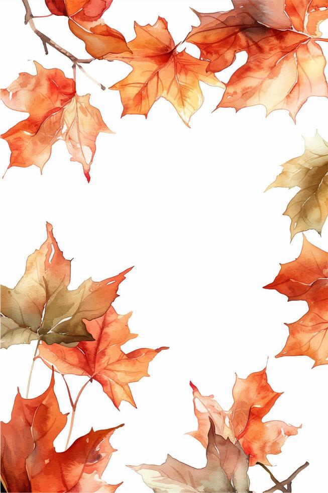 Autumnal background with watercolor leaves. Fall season frame. Greeting card or invitation vector