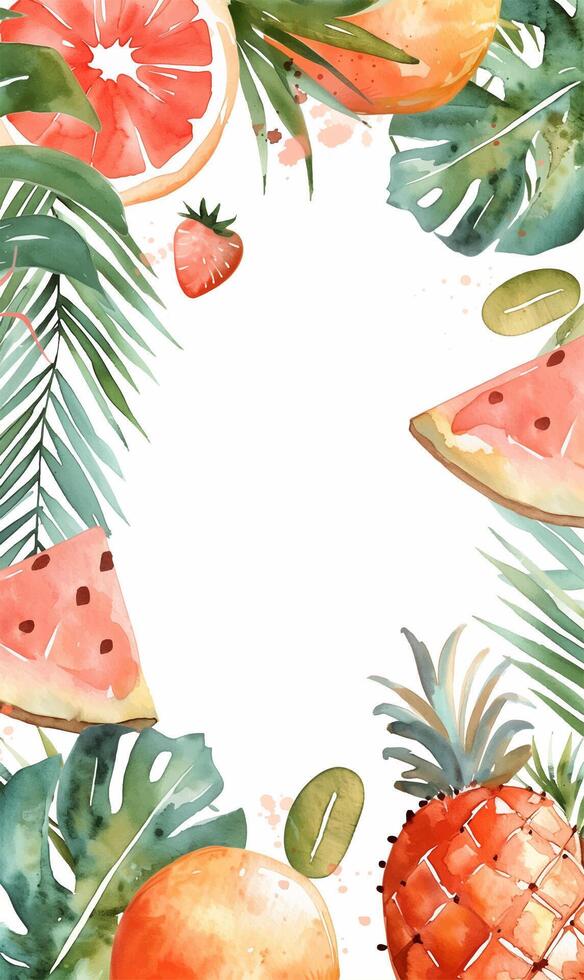 Watercolor frame with tropical jungle leaves and fruits. Watercolor summertime background. vector