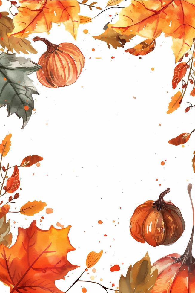 Fall season frame. Autumnal background with watercolor leaves and pumpkin. Greeting card or invitation vector