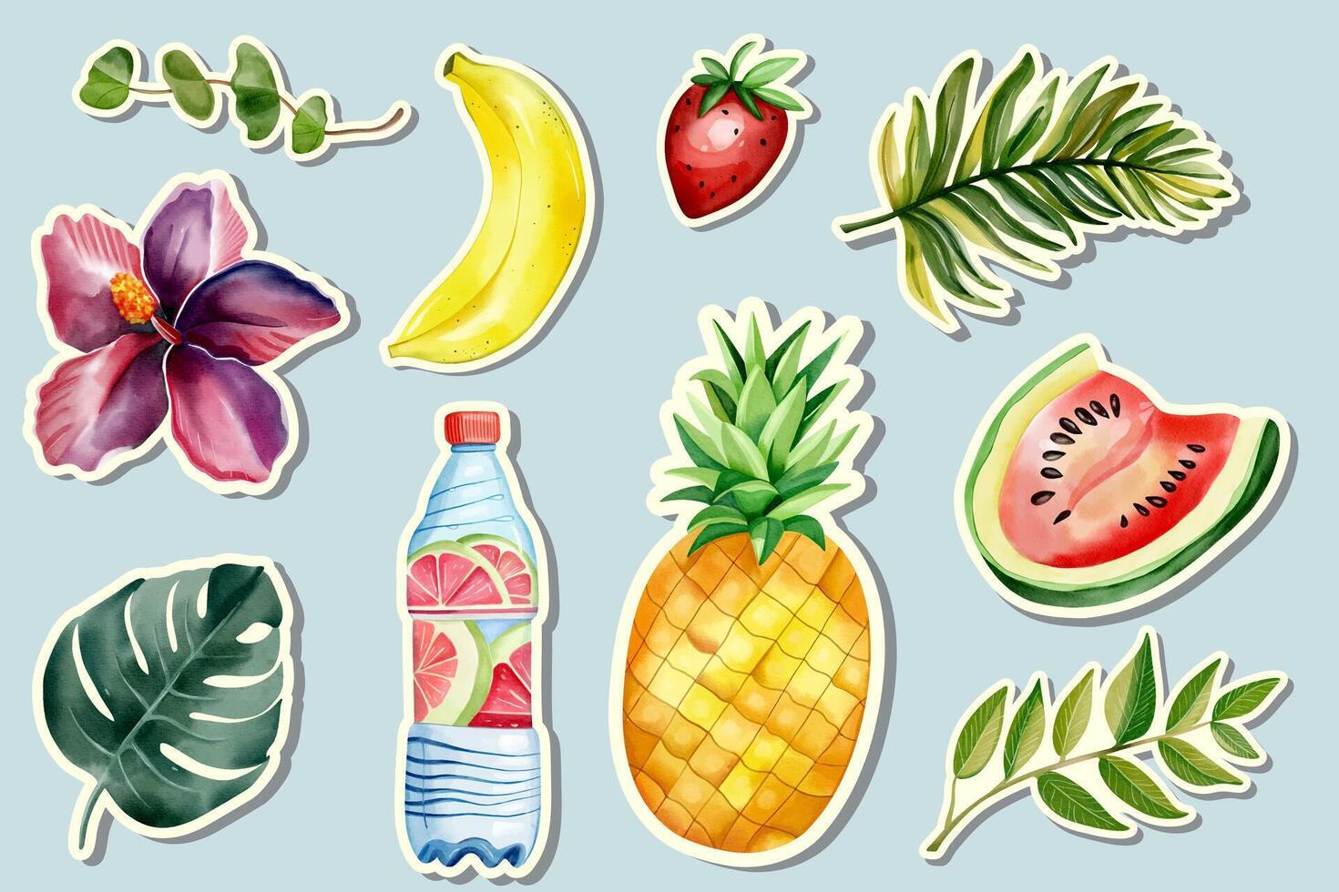 Watercolor summertime stickers. Exotic fruits. Palm leaves. Summer elements. vector