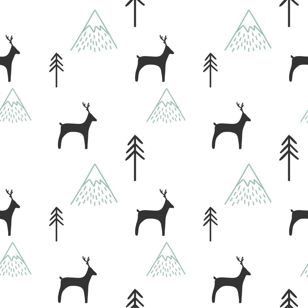 Monochrome seamless pattern with simple deer and mountains. Scandinavian abstract background vector