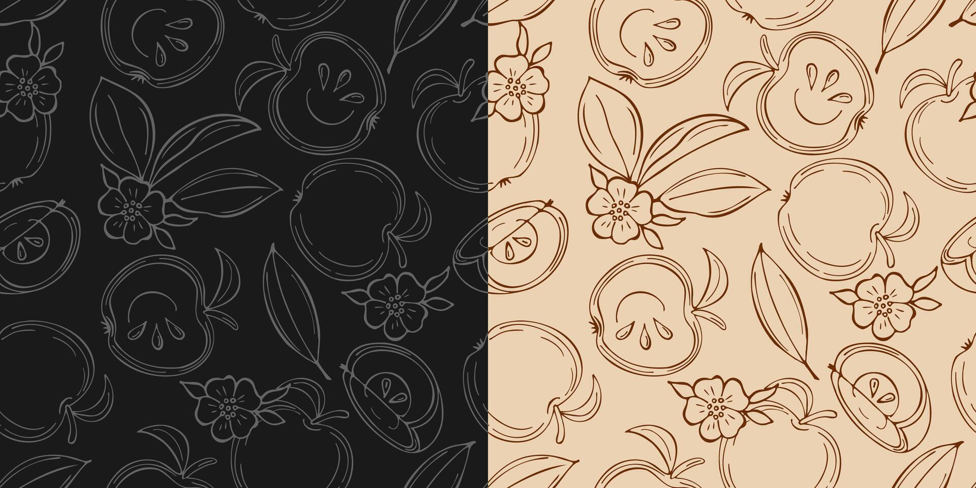 Set of black and beige seamless patterns with contour apples and slice apples. vector