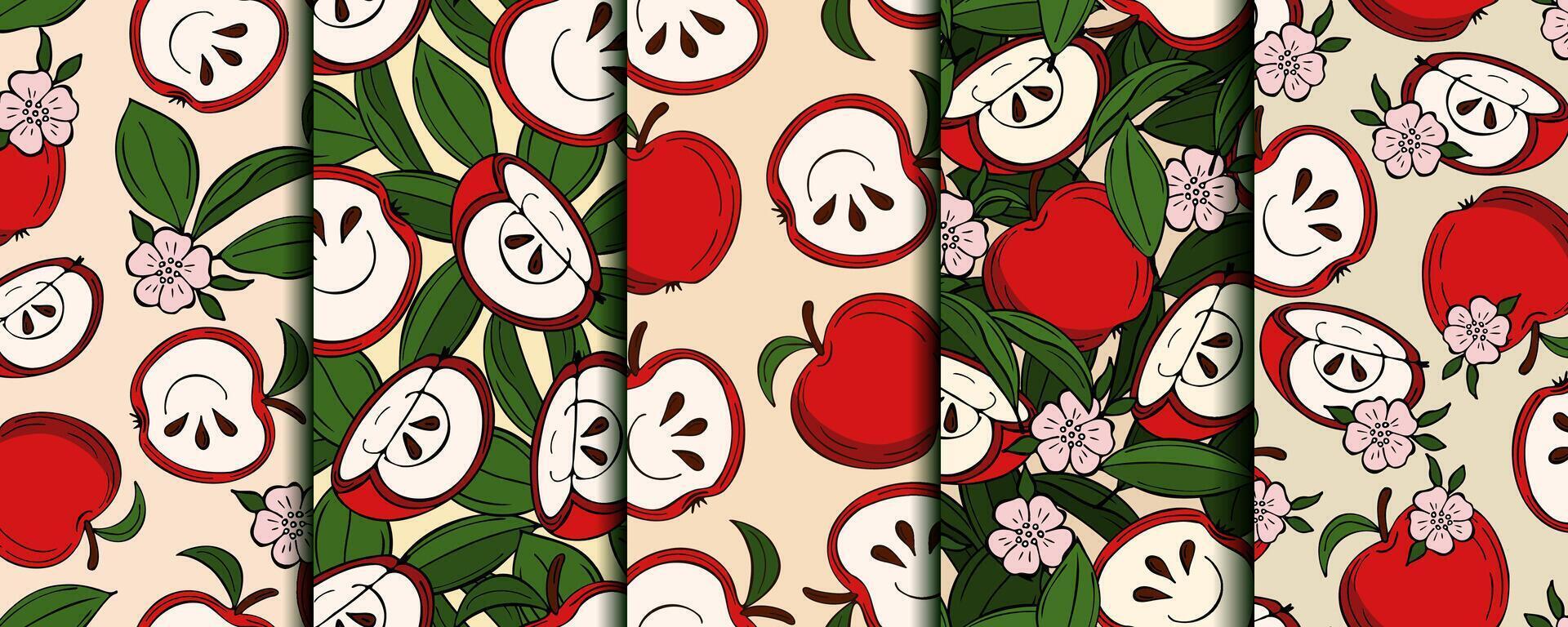 Set of seamless patterns with red apples, apple slices, apple blossom, green leaves. Densely arrangement of elements. . Good for kitchen decoration vector