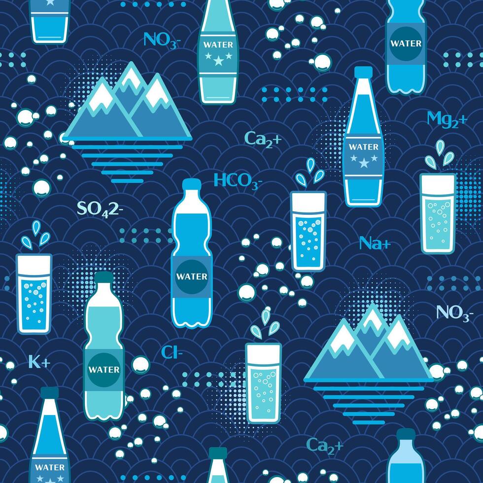 Seamless pattern with mineral water icons, design elements in flat simple geometric style. For branding, decoration of food package, cover design, textile kitchen prints vector