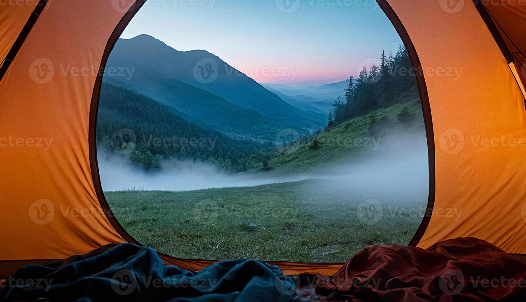 first person view from a camping tent, fog, mountains photo