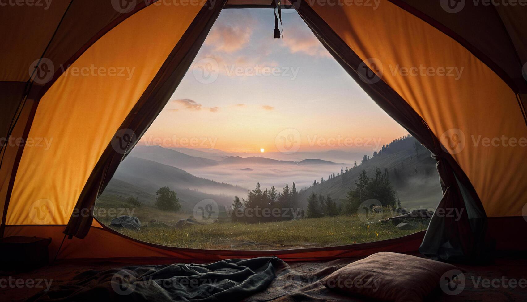 view from the tent of sunrise, fog and mountains photo