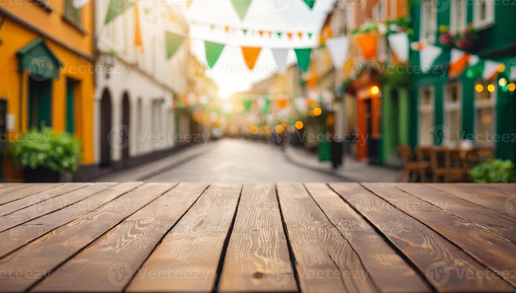 empty wooden table, blurred bokeh background of decorated street with festival flags, st. patrick's day photo