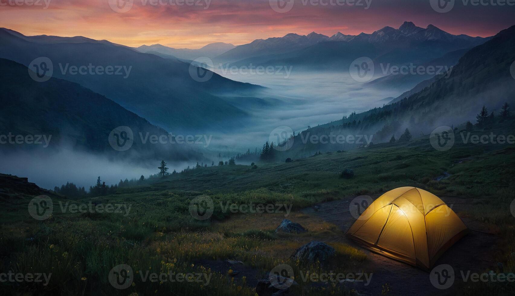 camping tent against the backdrop of mountains, fog and sunset photo