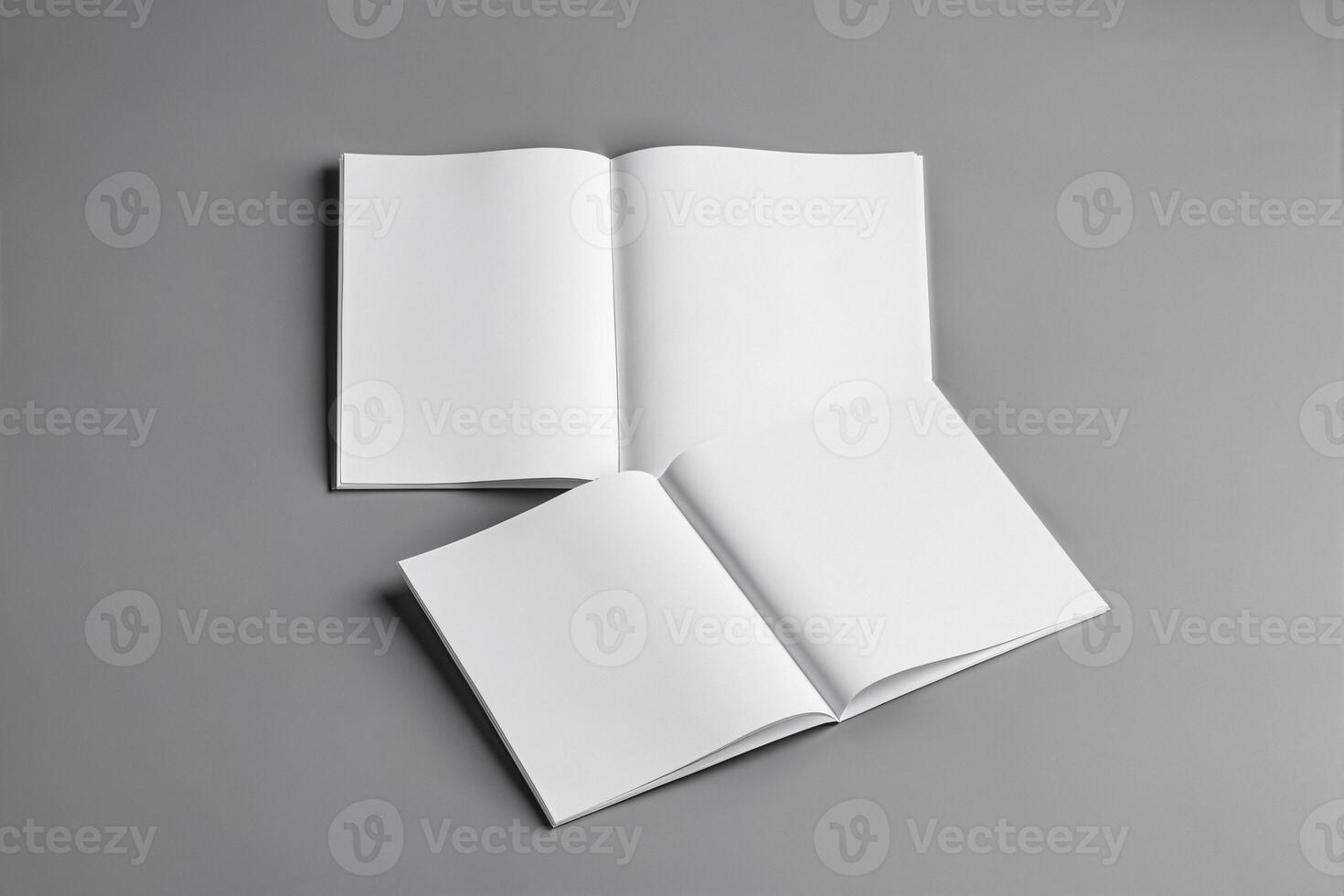 Blank open books, magazines mockup on gray background photo