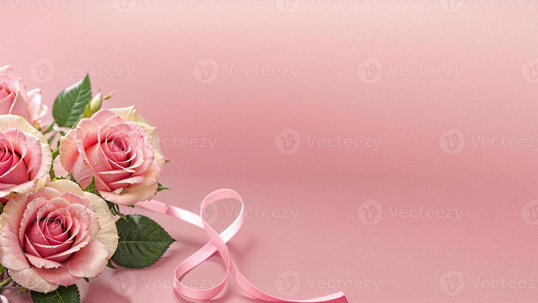close-up roses and figure eight made from ribbon with space for text on a pink background photo