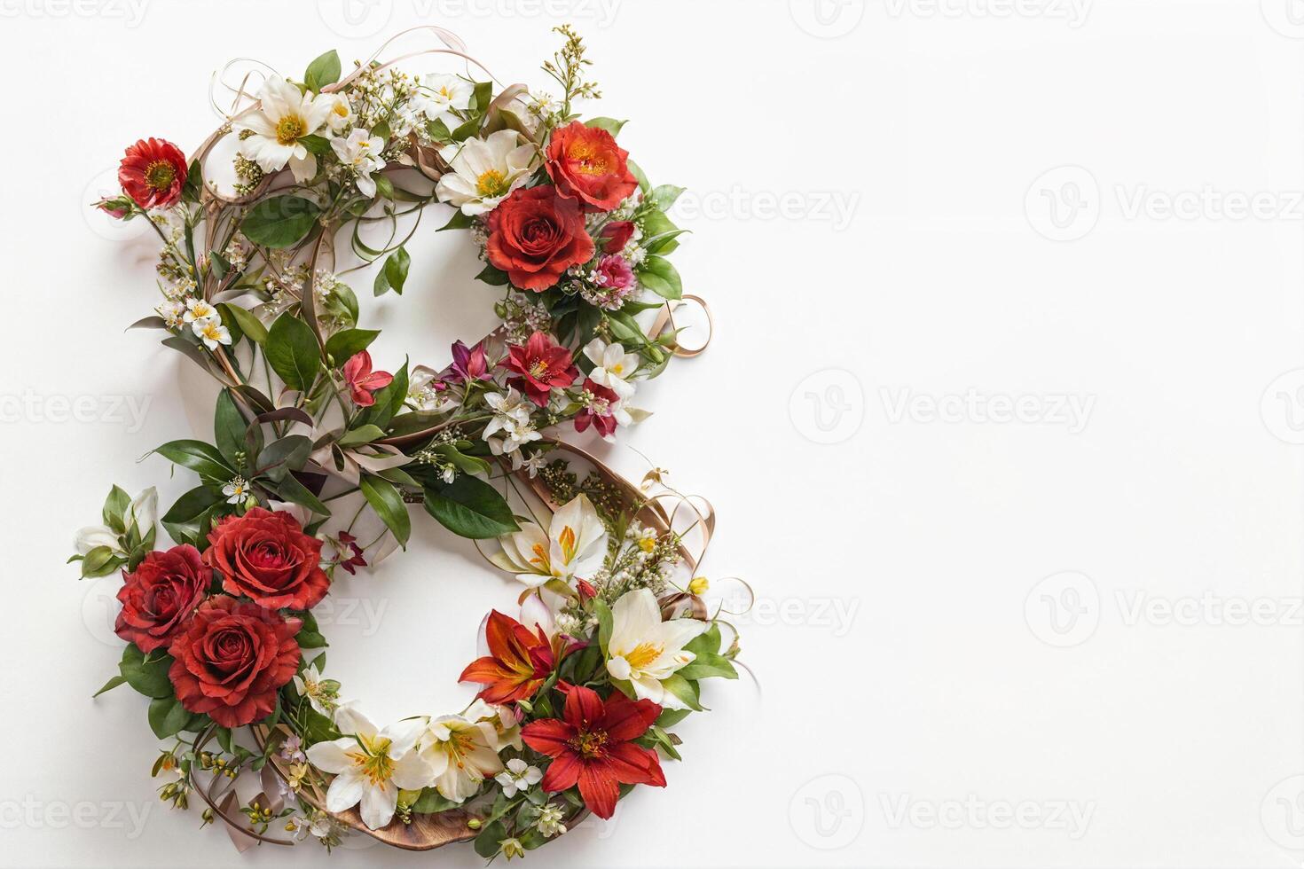 international women's day, greeting card from a pattern of flowers with space for text on a white background photo