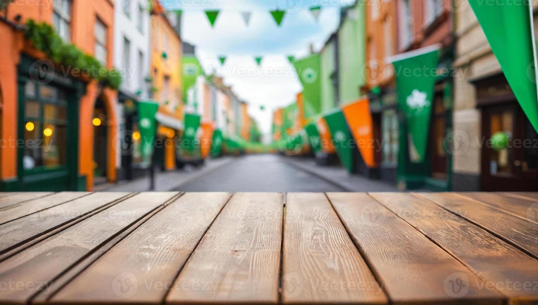 empty wooden table, blurred bokeh background of decorated street with festival flags, st. patrick's day photo