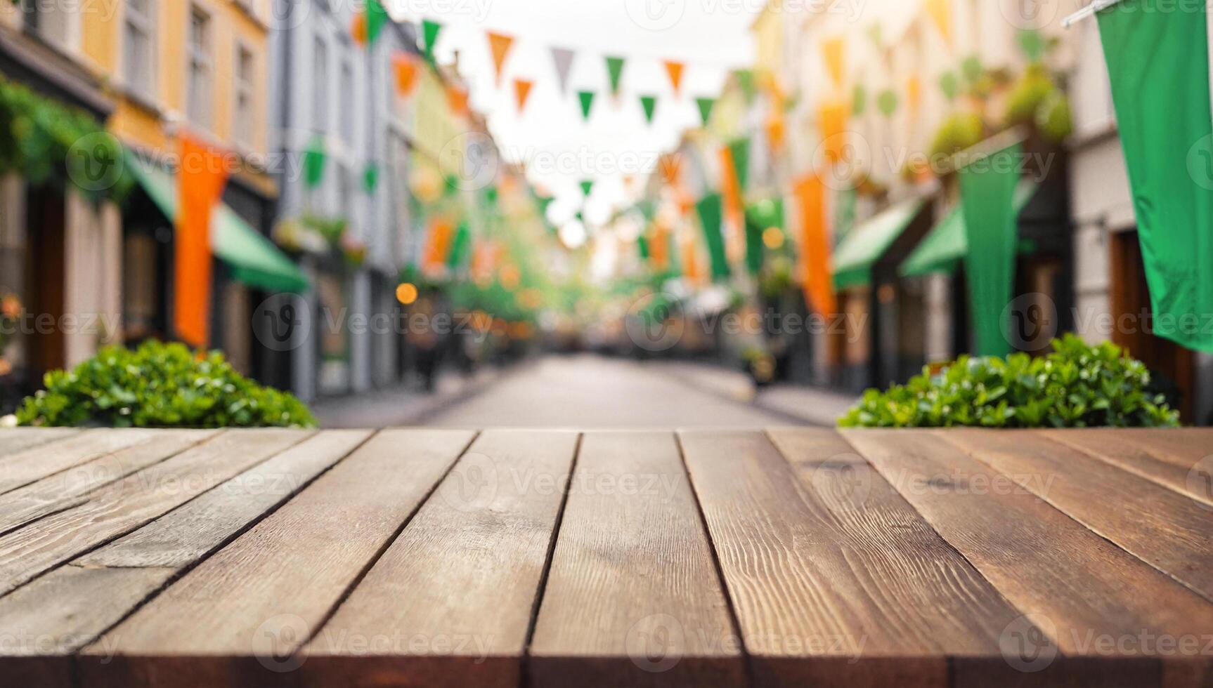 empty wooden table, blurred bokeh background of decorated street with festival flags, st. patrick's day photo